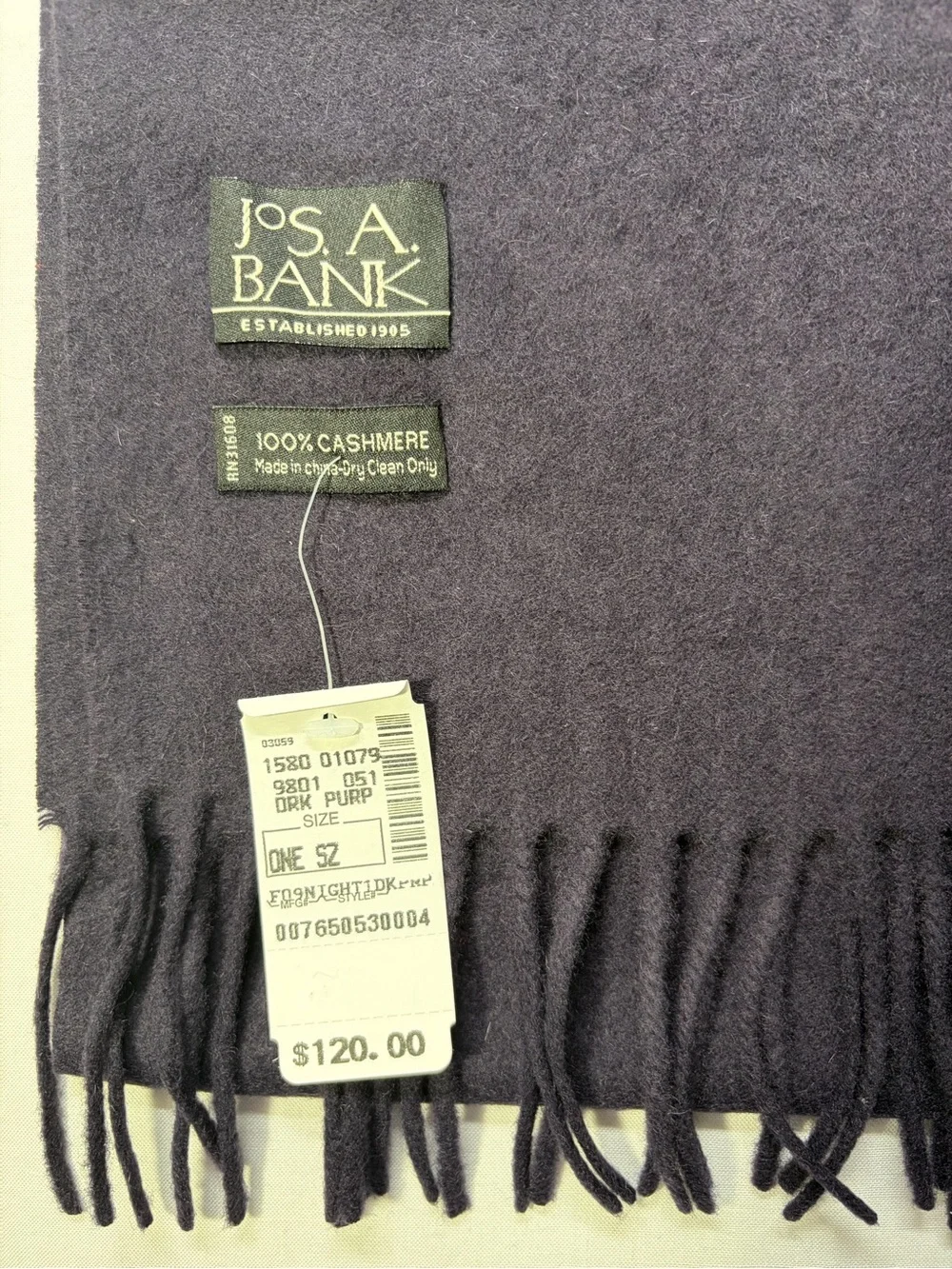 Jos. A. Bank Men's Deep Purple Cashmere Fringed Scarf